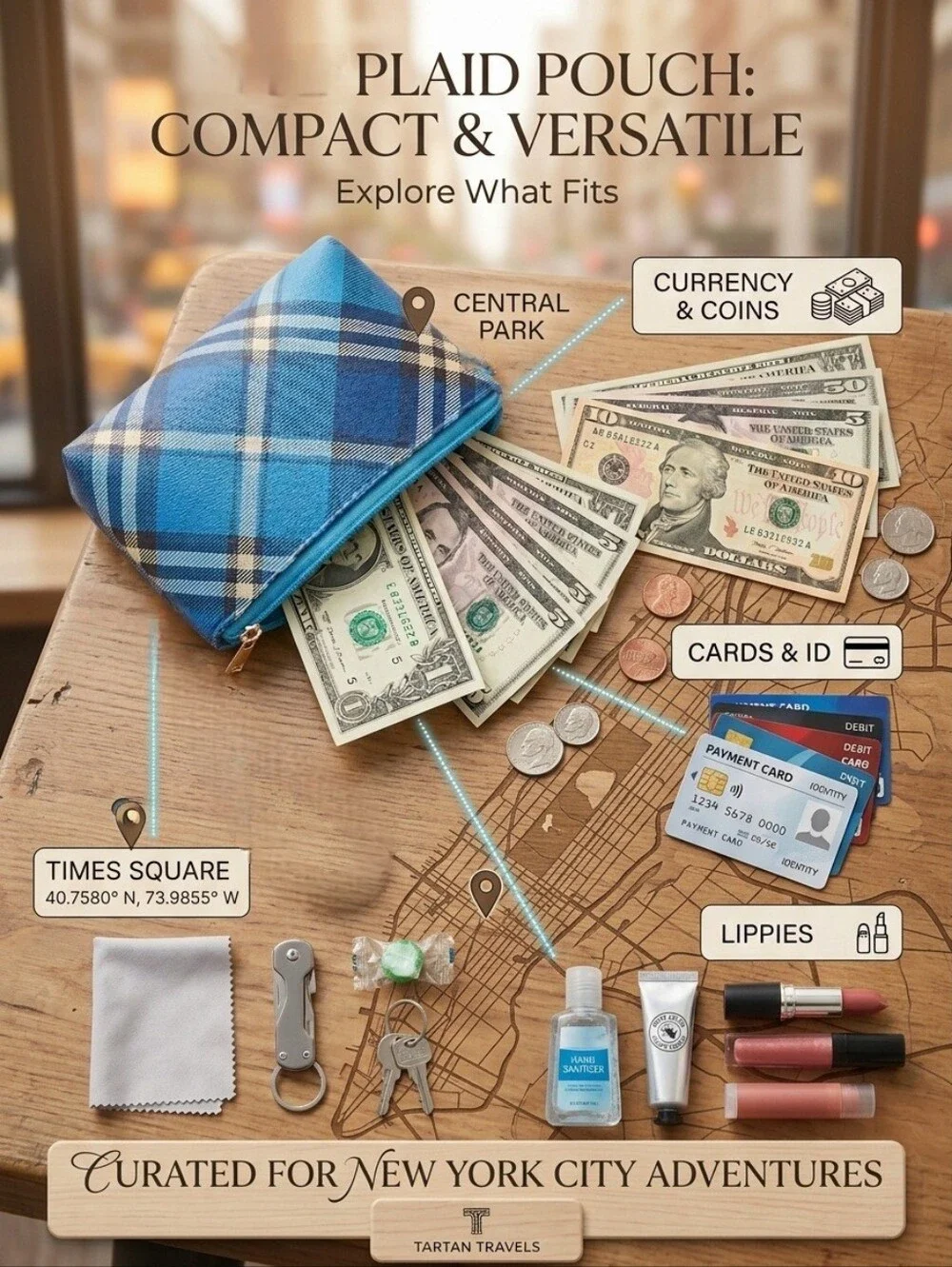 Blue Plaid Mini Coin Purse with Plush Bear Keychain